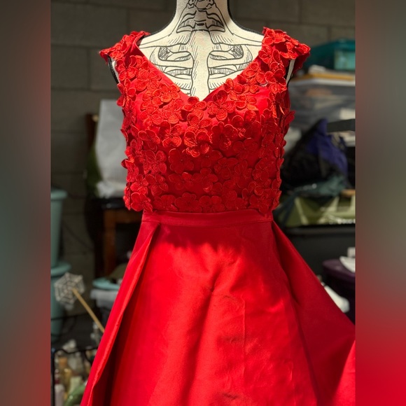 Custom two piece formal gown. Flower appliqué crop top with hi-lo skirt. - Picture 10 of 12